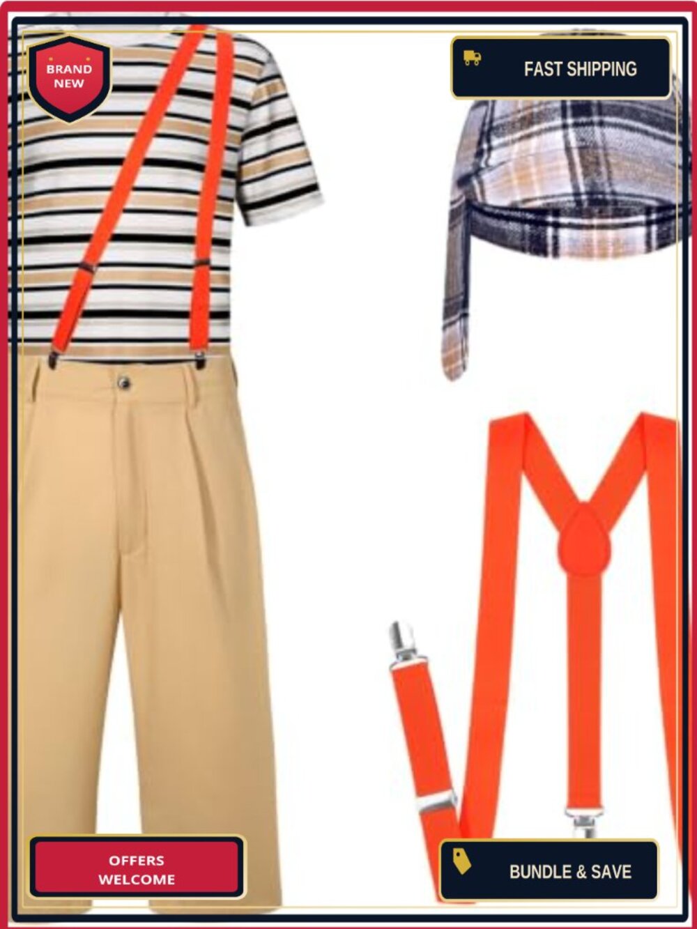 Adult Halloween Comedy Costume Set Striped Tee Pants Hat Suspenders Cosplay